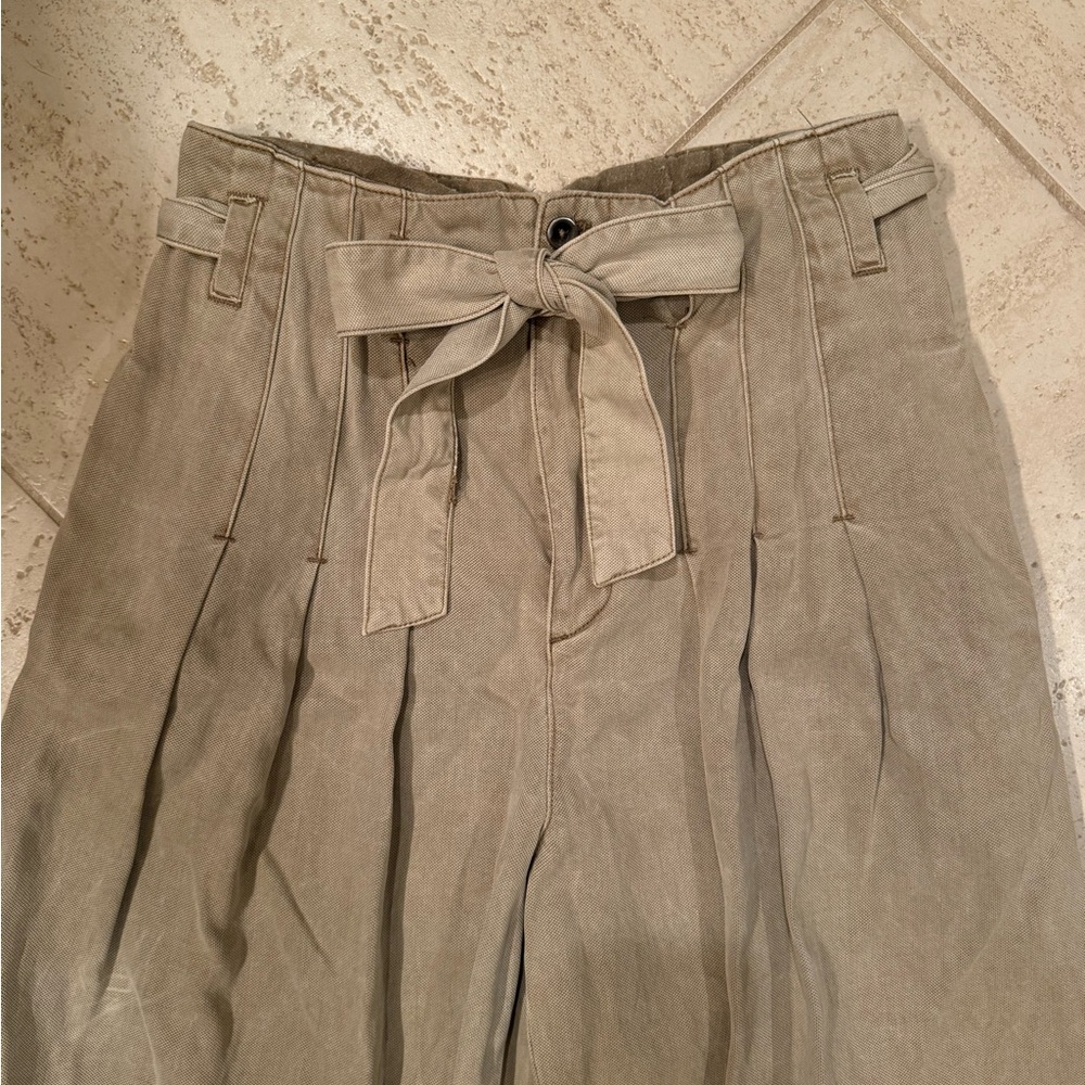Free People Paper-Bag High-Waisted Khaki Pleated Pants with Belt